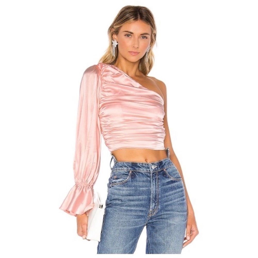 NWT Retrofete Pastel Pink Rylie Silk Cropped one shoulder Blouse sz Small